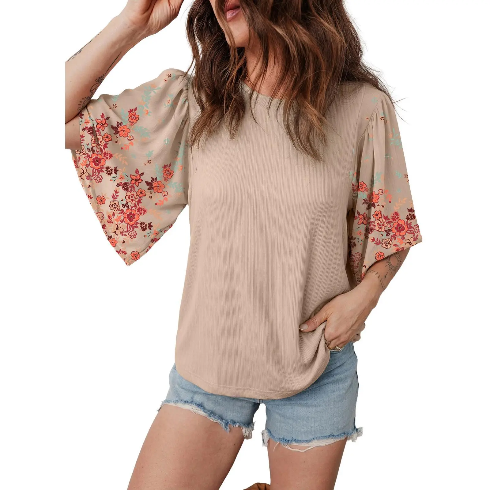 Women's Bohemian-Style T-Shirt Top — Crew Neck, 3/4 Sleeves