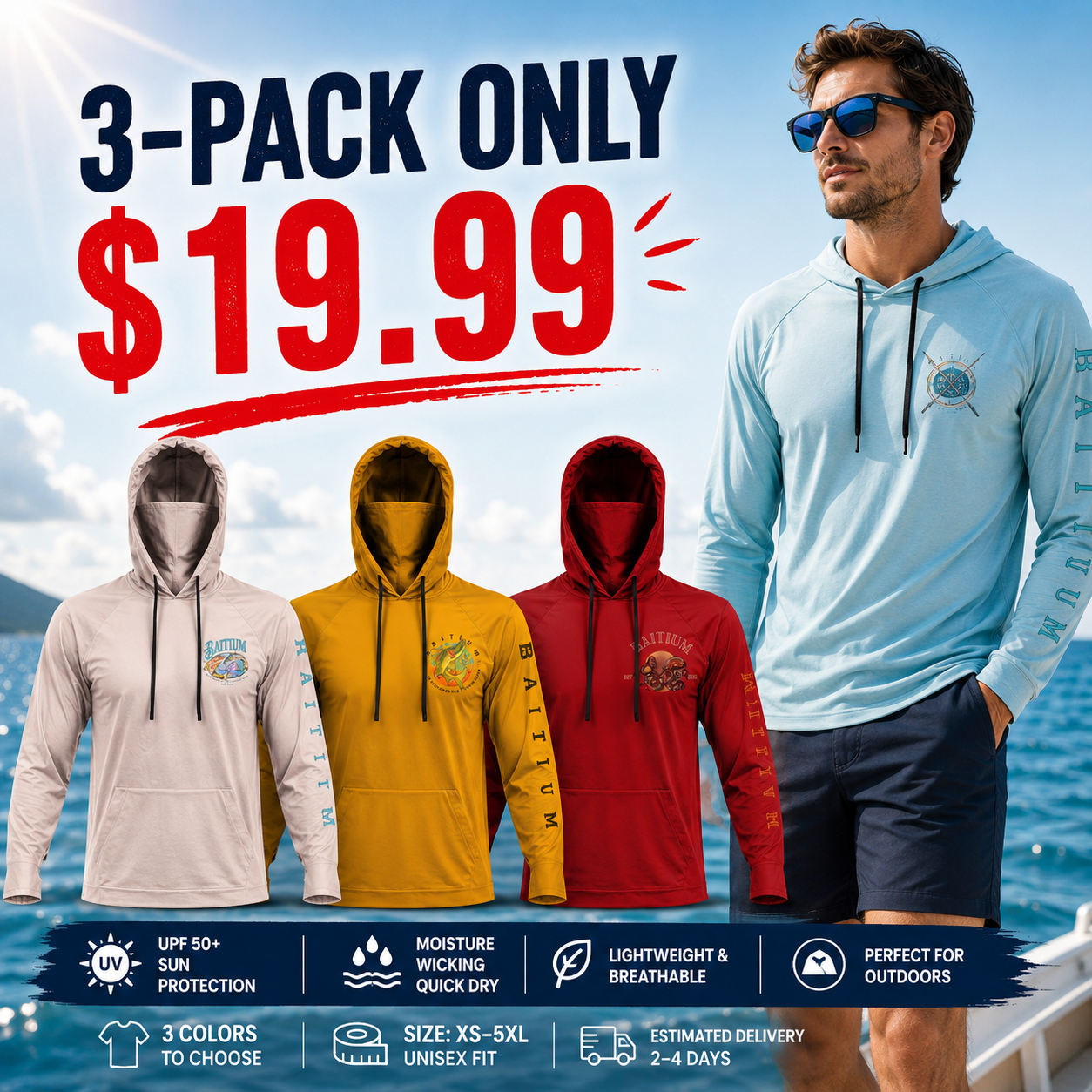 Men's Fishing & Construction Work Shirt — Hooded UPF 50 Long Sleeve (with Face Mask)