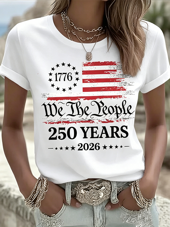 Ladies' Casual American 1776-2026 Anniversary Celebration Print Round Neck T-Shirt