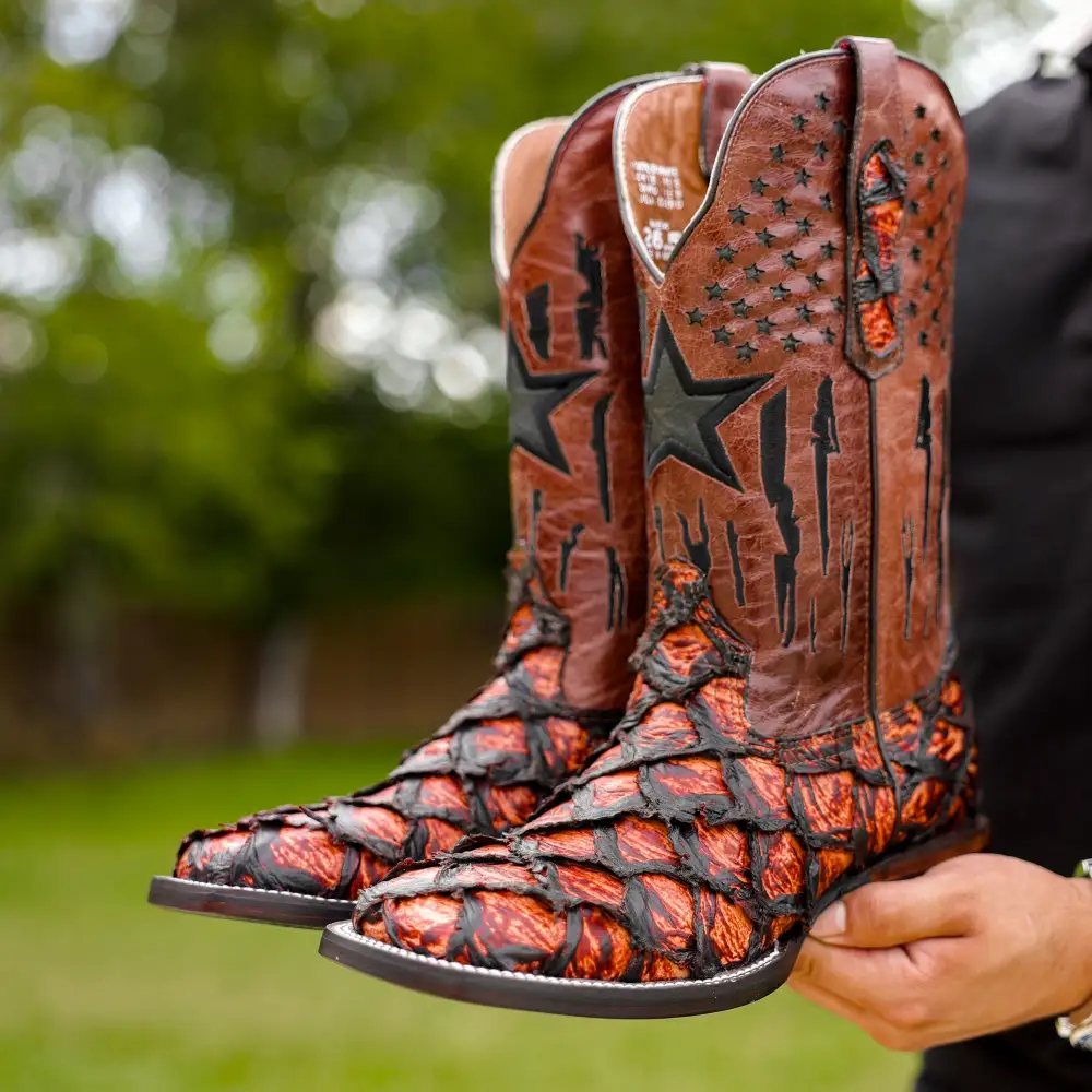 JUMBO Cognac Pirarucu Leather Boots - Square Toe