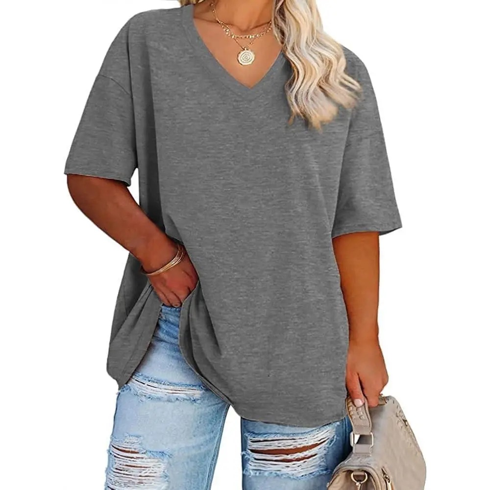 Women's V-Neck Short Sleeve Tunic Top Casual Loose Fit Soft Cotton Summer Tee