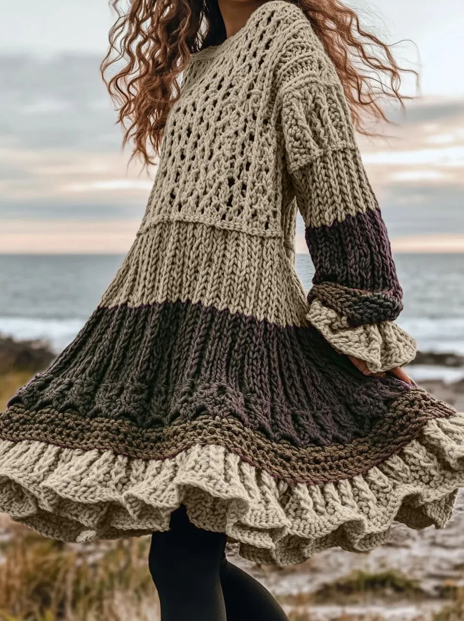 Women's Celtic Knotted Color Block Jacquard Crew Neck Sweater Dress