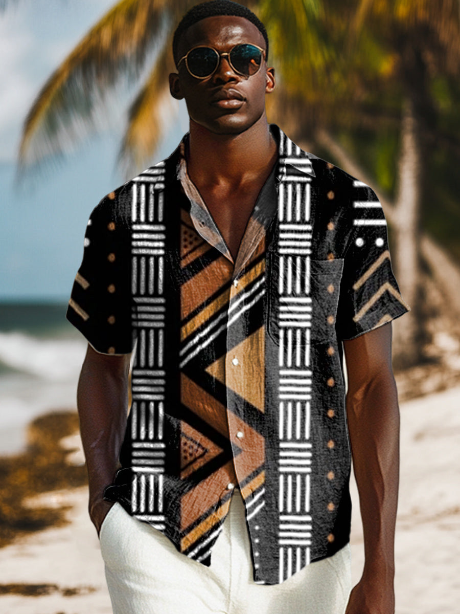 Vintage African Art Geometry Vintage Print Casual 100% Cotton Shirt