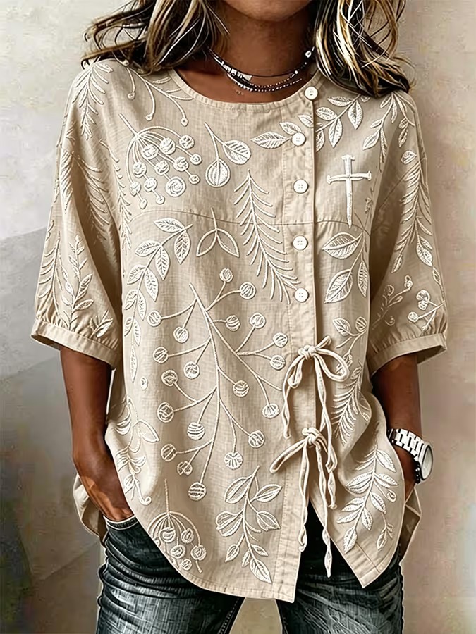 Women'S Faith Flower Art Printed Cotton Linen Casual Shirt
