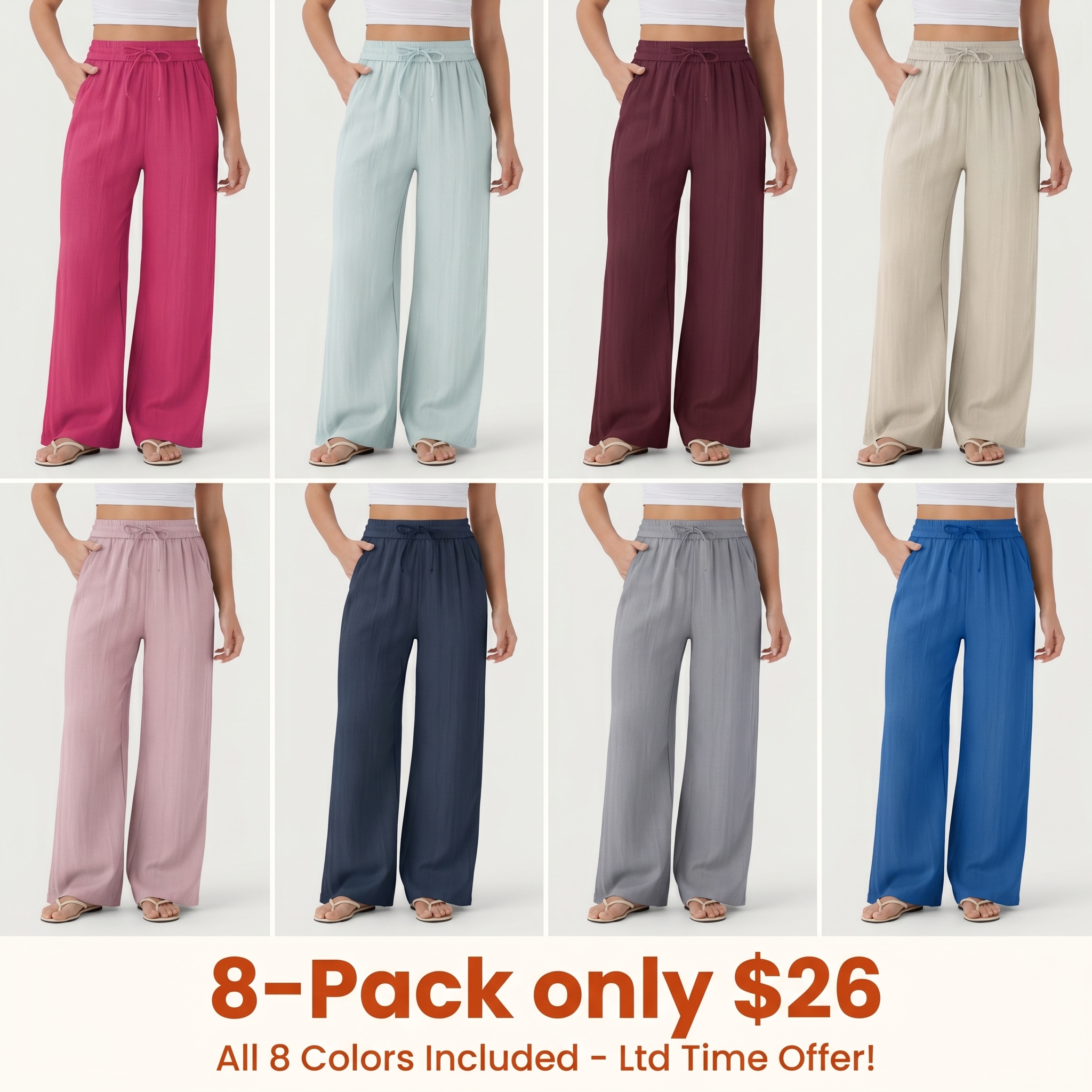 [Creator's Pick] High-Waisted, Drawstring, Pocketed, Wide-Leg Casual Trousers (Faux Linen)