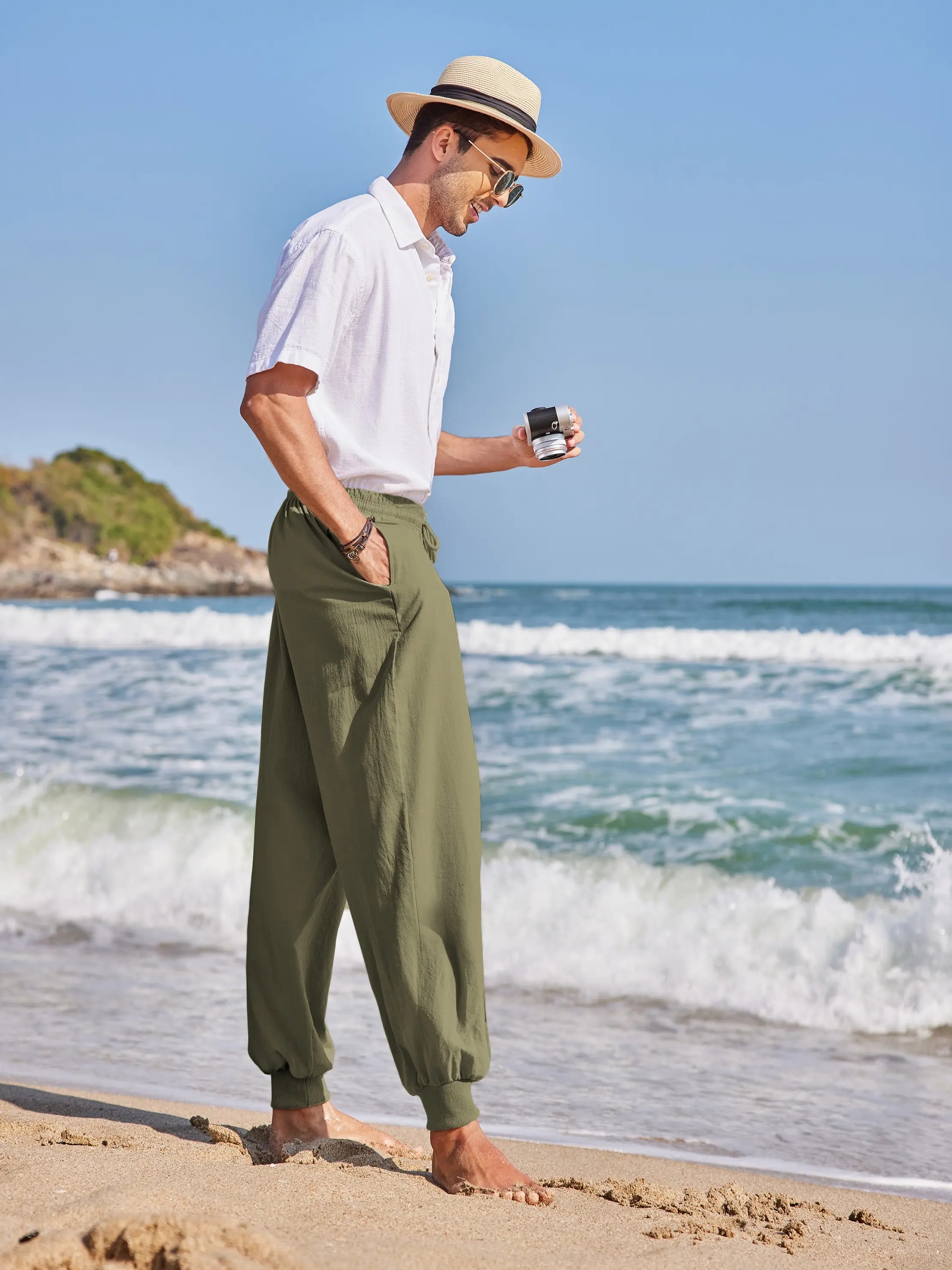 Men's Linen Harem Pants – Baggy Boho Yoga Drop Crotch Trousers with Pockets
