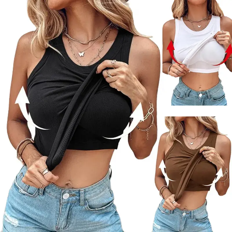 Women's Ribbed Sports Tank Top — Built-in Bra, Fitted Racerback, Crew Neck Design