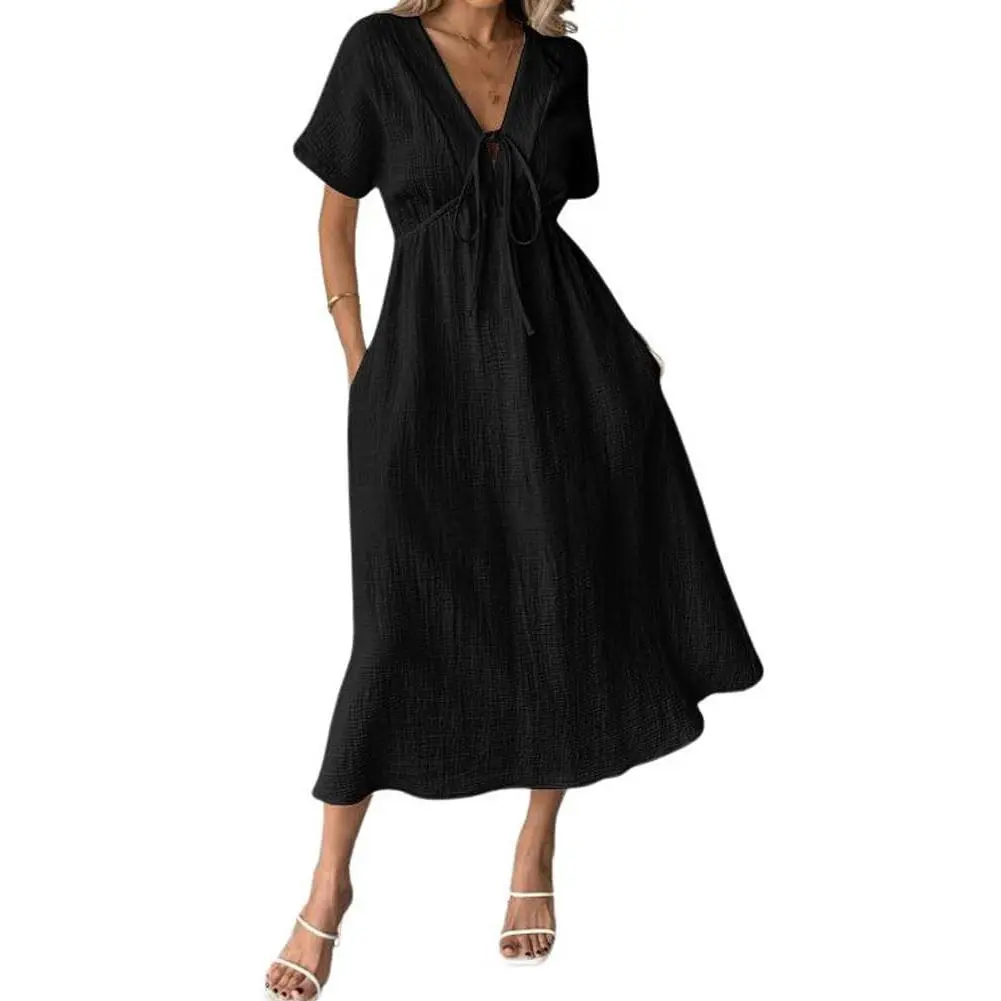 Women's Summer Solid-Color V-Neck Cotton Dress