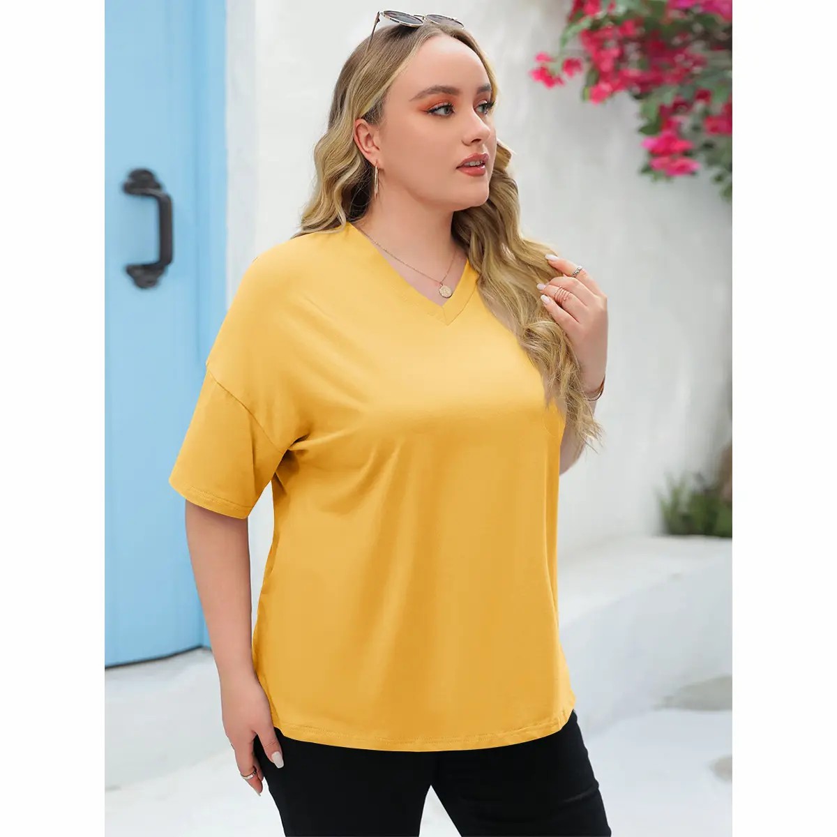 Women's Plus Size V Neck T Shirts Summer Half Sleeve Tees Casual Loose Fit Cotton Tunic Tops