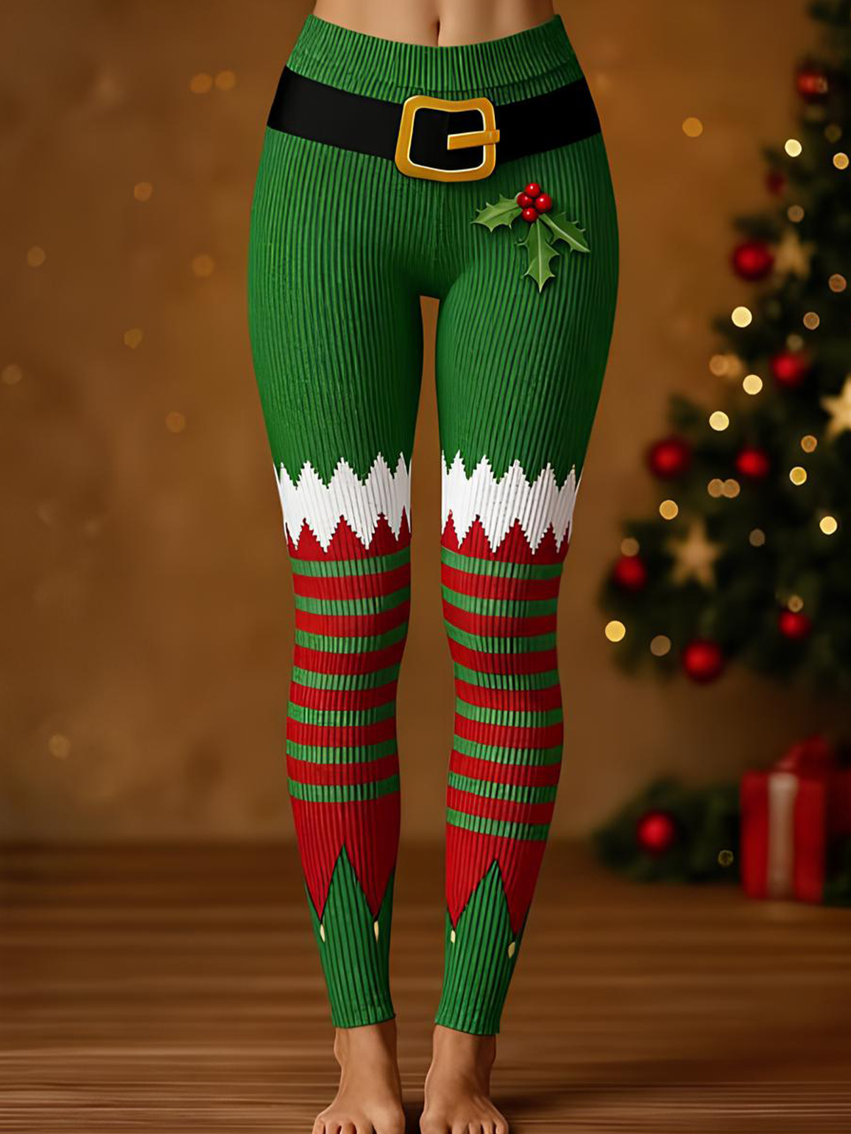 Women's Christmas Holly Striped Clown Costume Print Casual Leggings