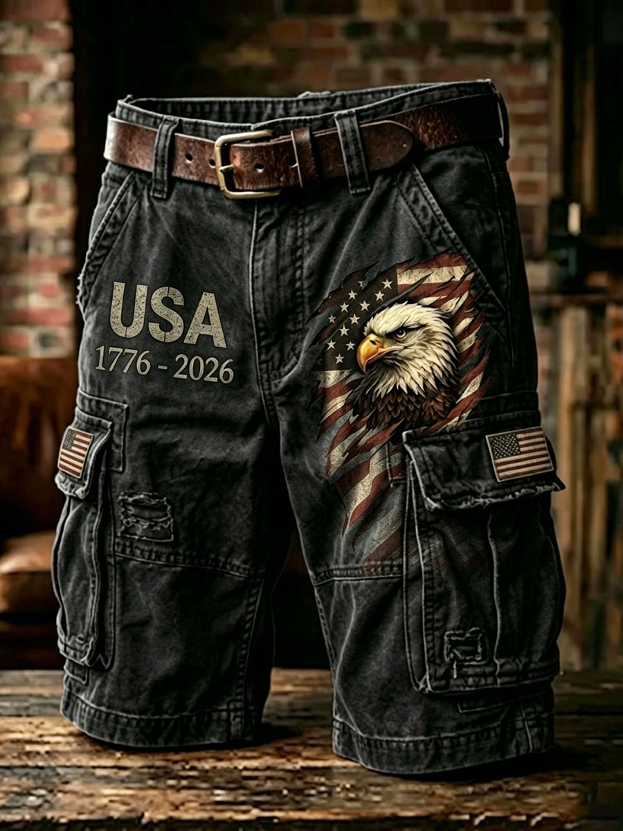 Men'S Independence Day American Flag Jet Planes Faith Print Casual Cargo Shorts