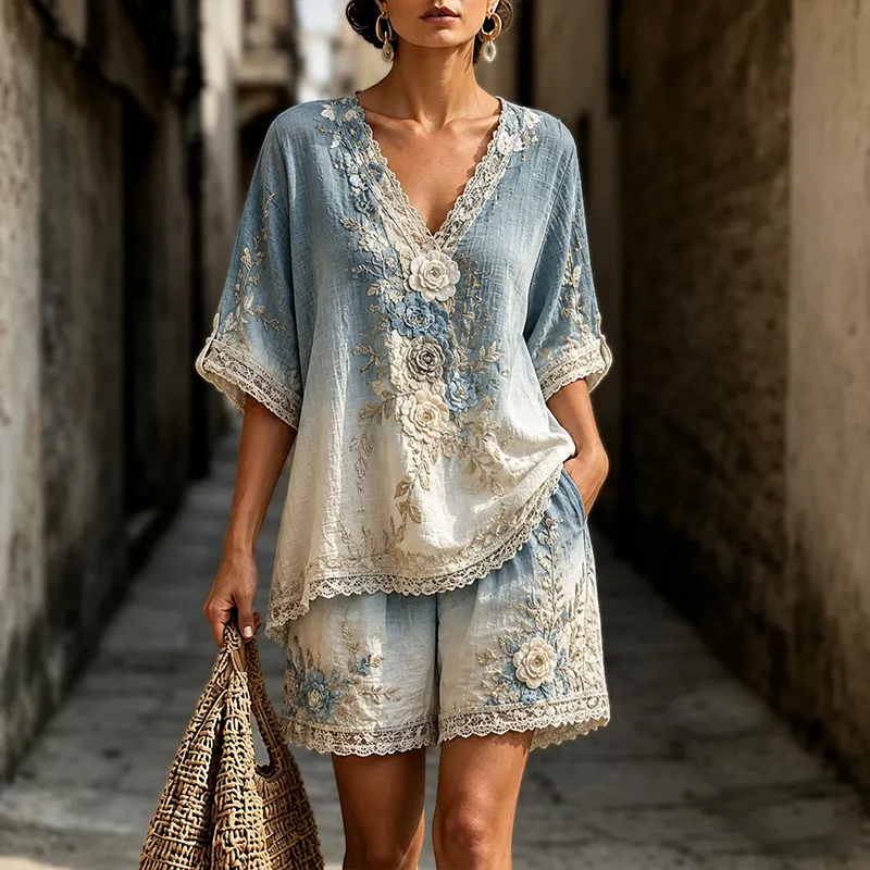 Women's Vintage Floral Print Casual Set