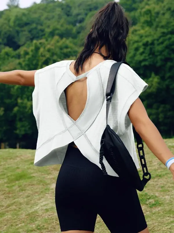 Women's Open Back Tops Y2K Short / Long Sleeve Workout Shirts Casual Yoga Athletic Gym Slouchy Crop Running Tees