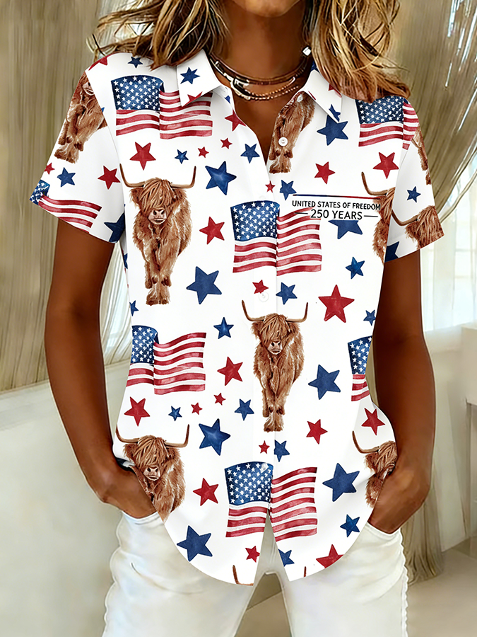 Ladies' Casual Commemorative American Flag Highland Cow Collar Short Sleeved Shirt