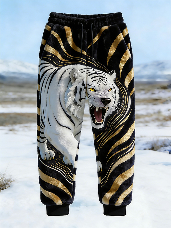Men's Roaring White Bronzing Gold Stripes Art Print Loose Drawstring Waist Flannel Pants