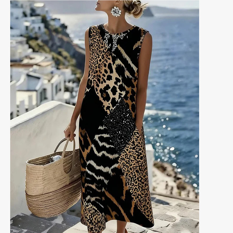 Patchwork Leopard Print Sleeveless Long Dress