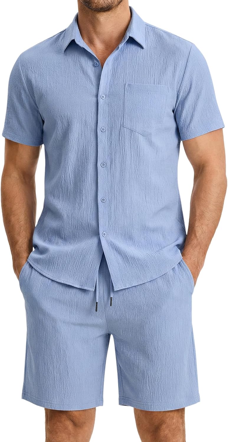 Mens 2 Piece Short Sets Short Sleeve Shirts and Shorts Summer Beach Vacation Texture Outfits