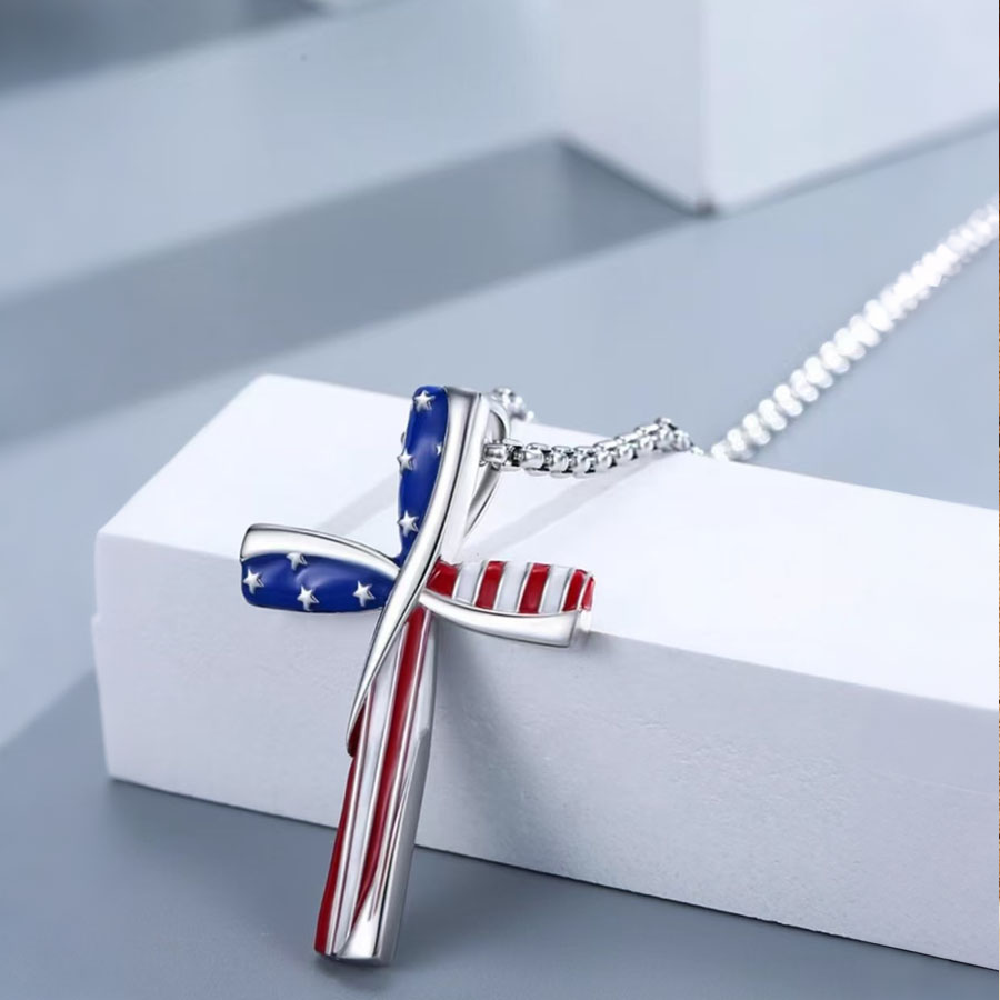 Men'S And Women'S 20-24 Inch Independence Day Cross Necklace, American Flag Pendant