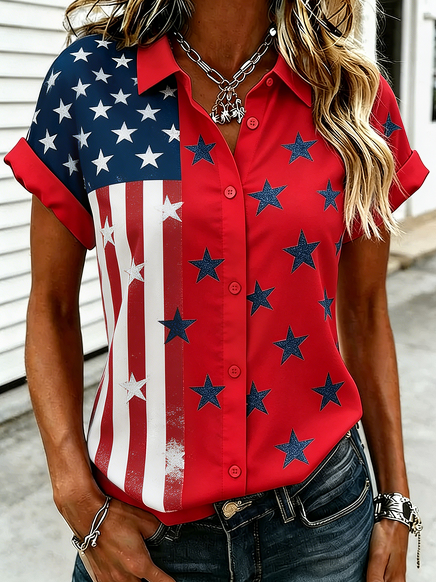 Women's American Flag Patchwork Button Down Shirt