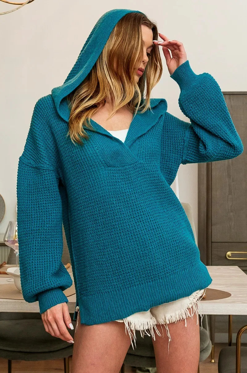 Raw Edge Detail V-Neck Sweater Hoodie