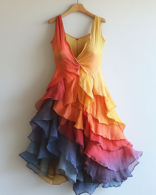 Summer Rainbow Contrast Gradient Chiffon Dress 6871