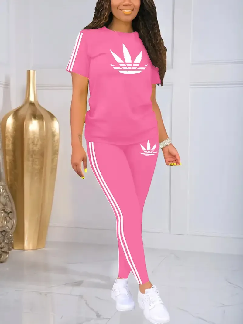 Women's Drawstring Short Sleeve and Long Pants Two-Piece Set