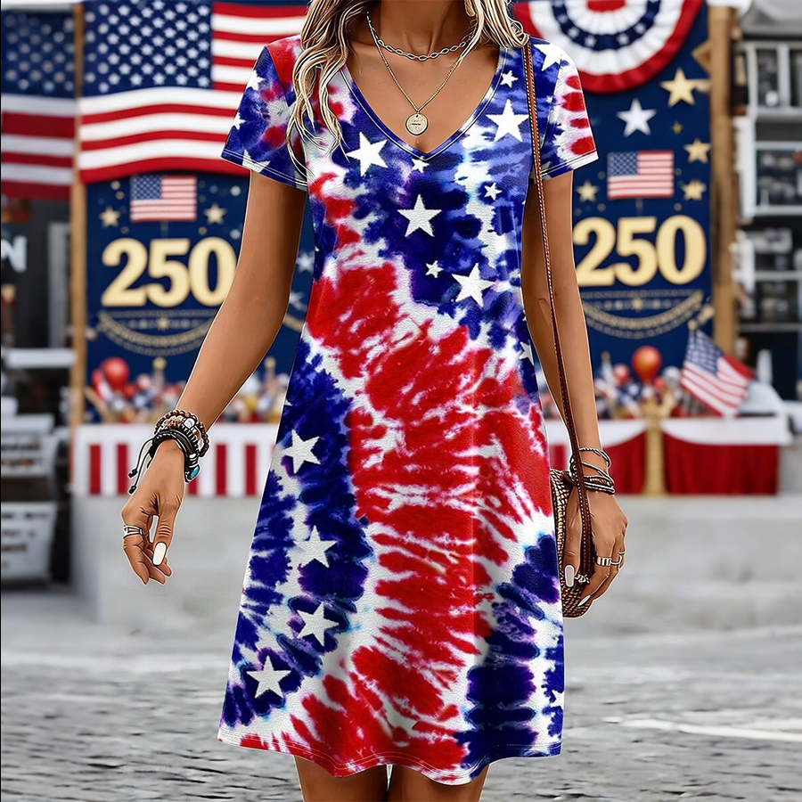 Ladies' Casual American Five-Star Flag Flower Tie Dye V-Neck Short Sleeved Dress