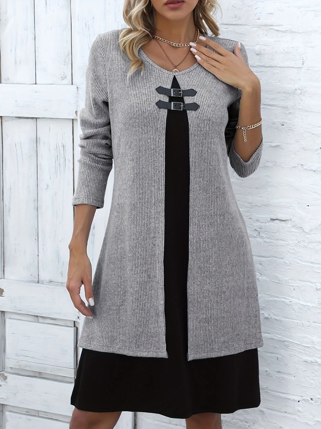 Casual Color Block Crew Neck Midi Dress