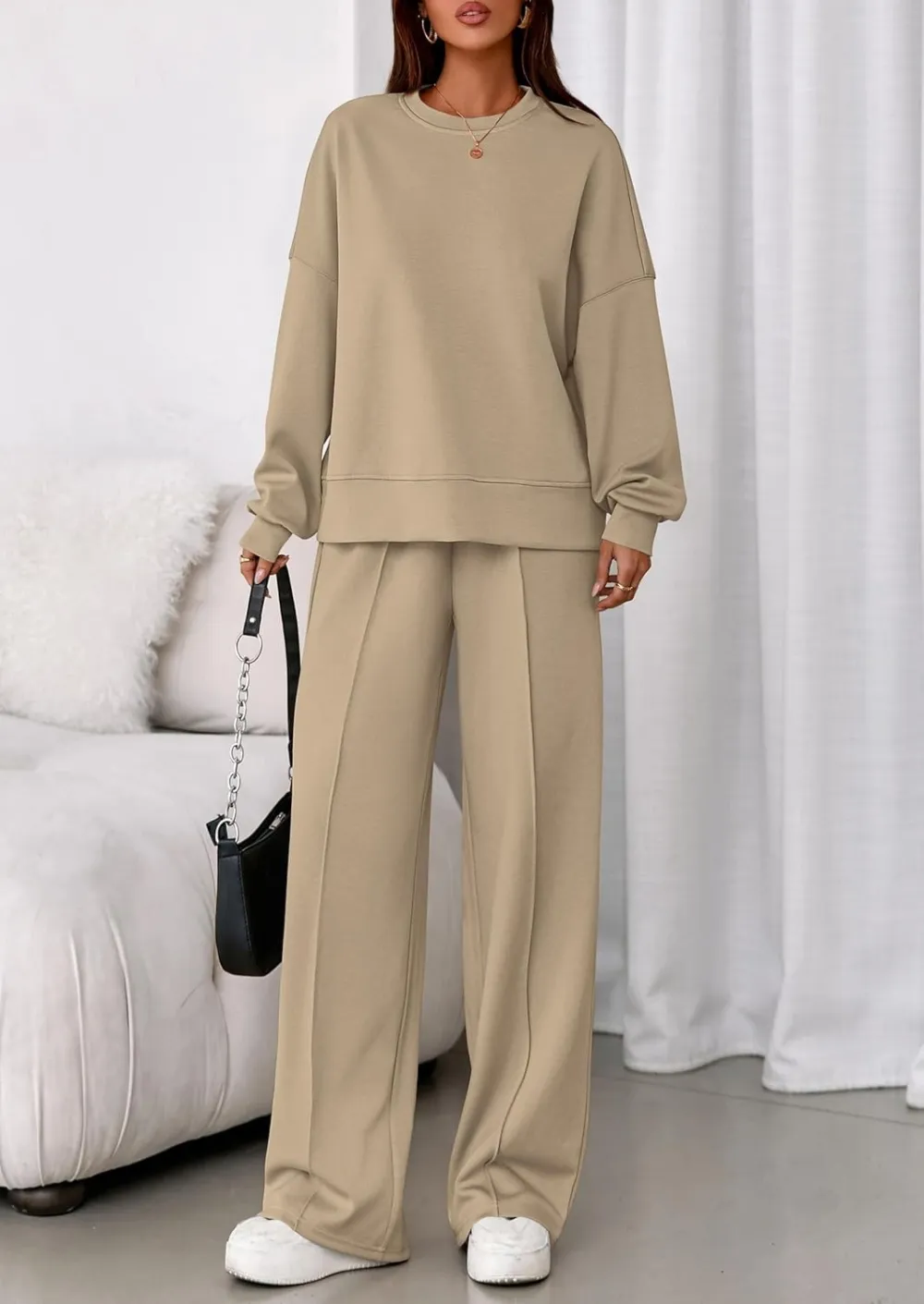 2 Piece Sets For Women Fall Trendy Long Sleeve Sweatshirt Wide Leg Pants Loungewear