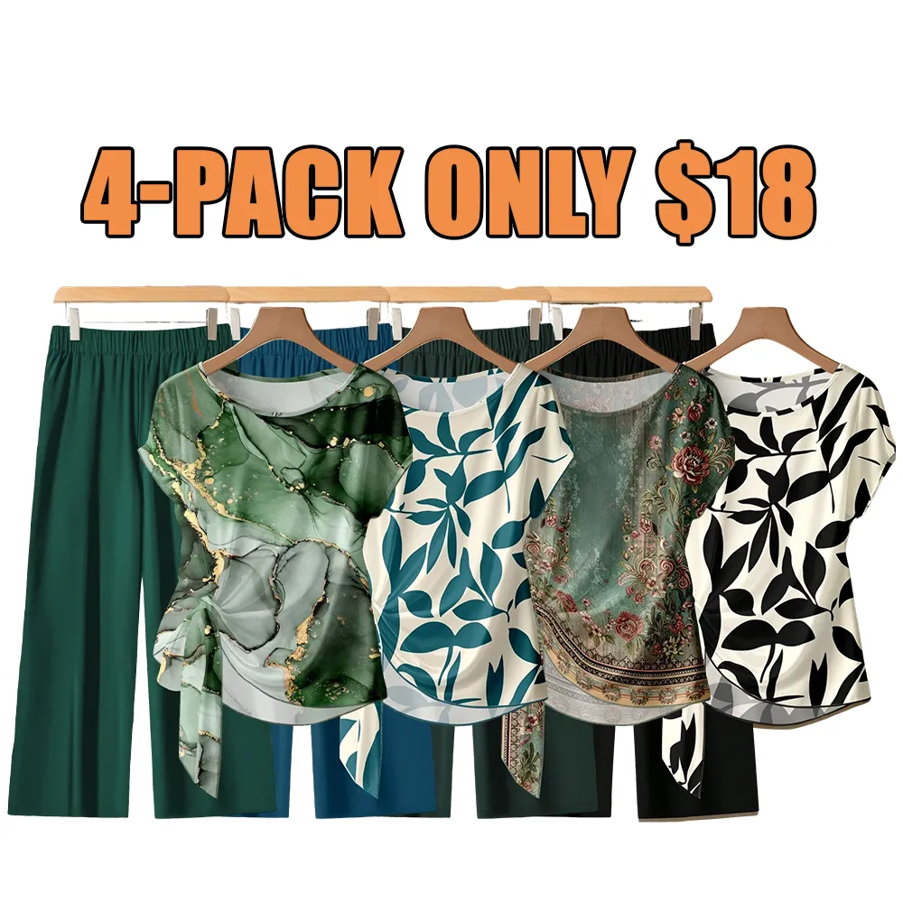 Women's Casual Printed Necktie Shirt and Loose Straight Pants Set