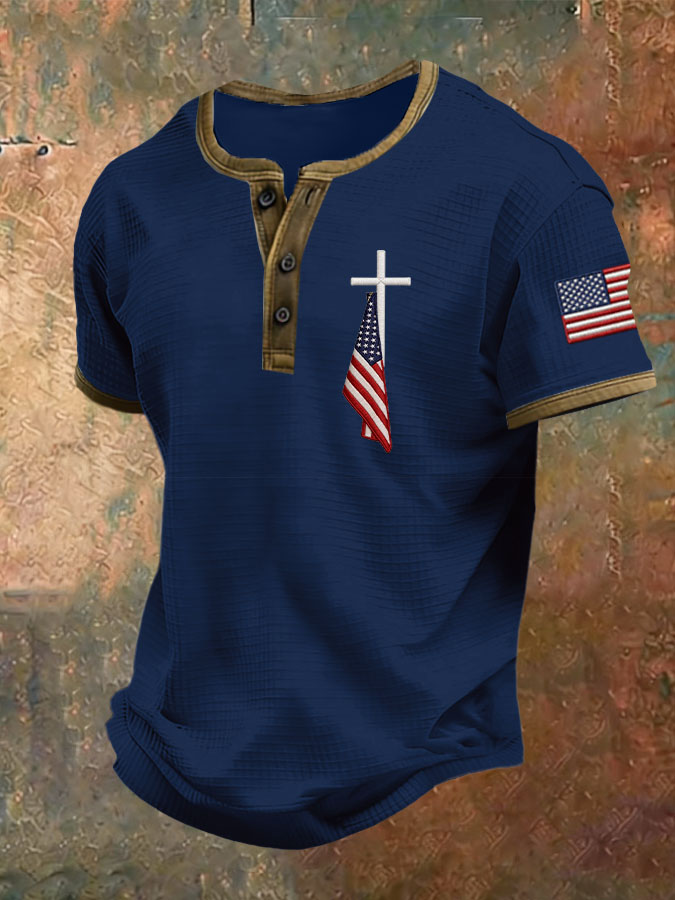 Men'S American Flag Printed Henry Collar Top