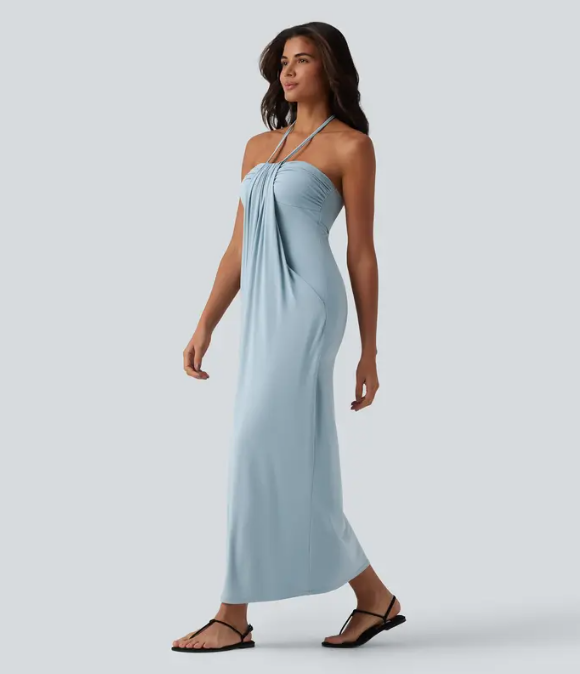 Women's Halter Tie Back Maxi Dress with Pockets