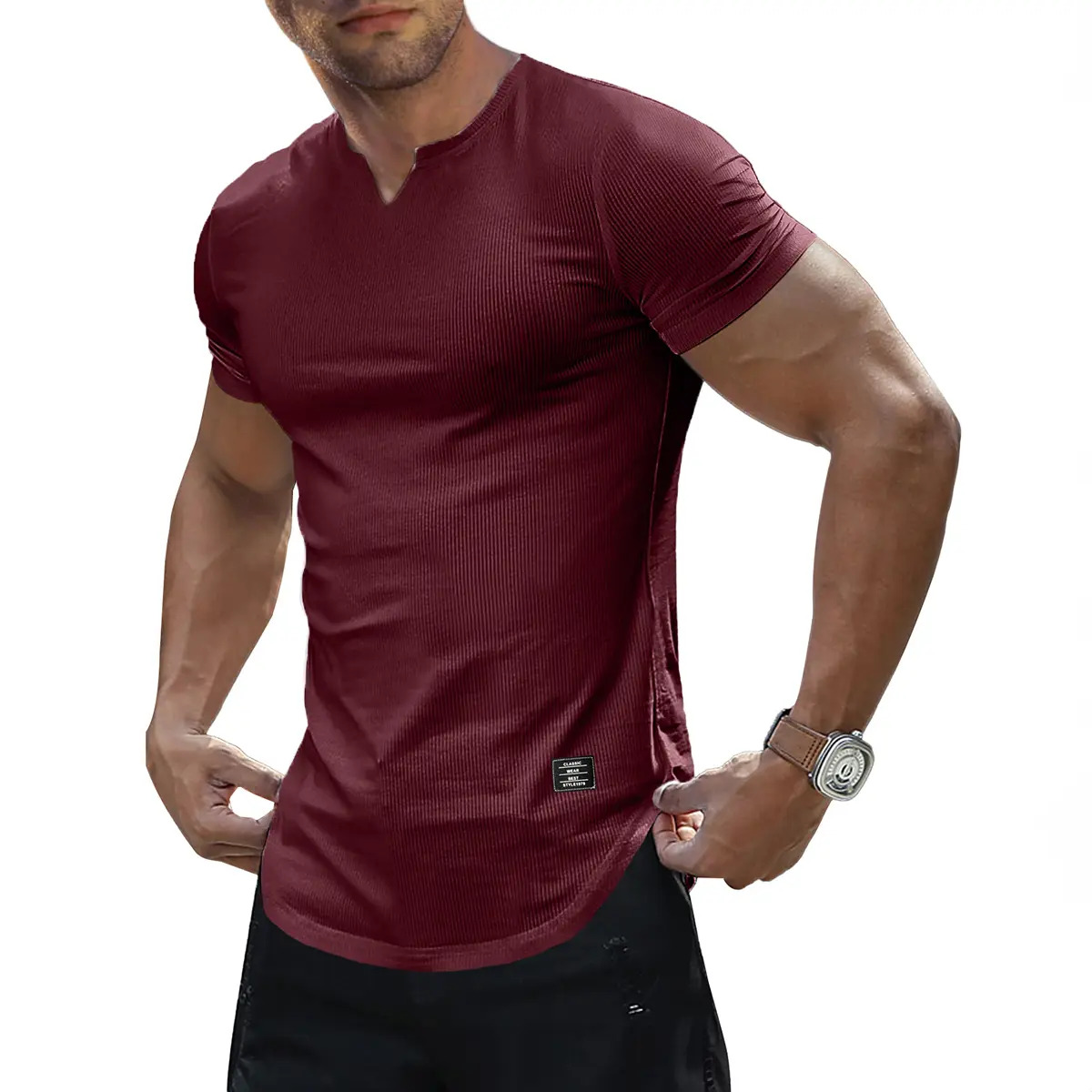Men's Solid-Color Slim-Fit Long V-Neck T-Shirt