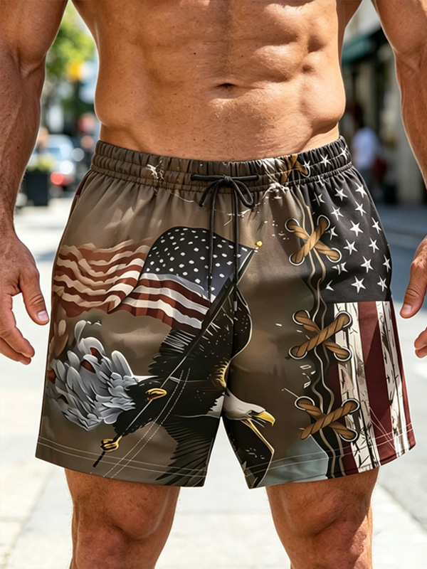 Men's Independence Day Bald Eagle Stars and Stripes Print Casual Shorts
