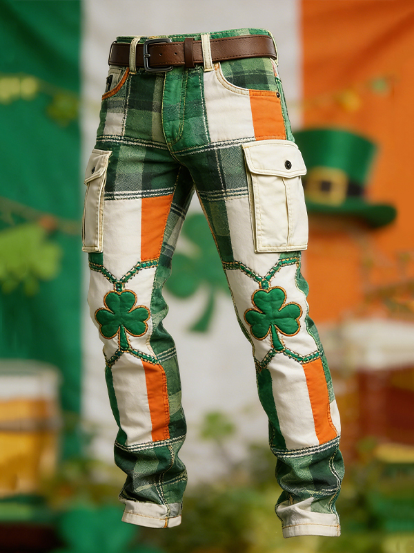 Men's St. Patrick's Day Shamrock Irish Flag Color Block Art Print Casual Pants