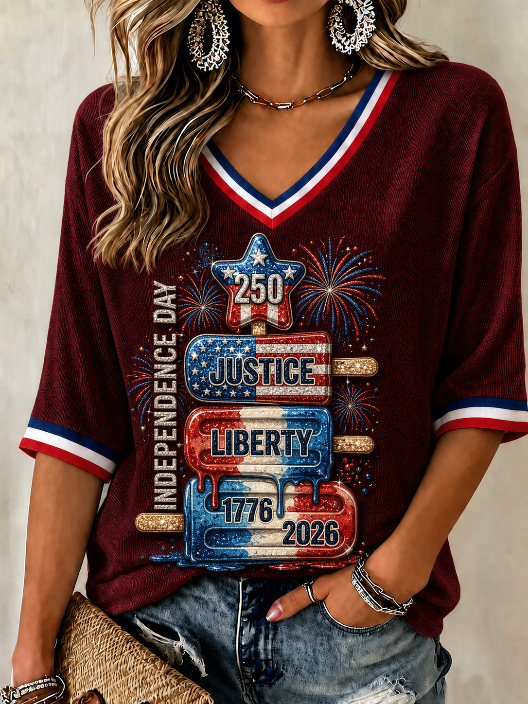 Women'S Popsicle Flag Printed V-Neck Short Sleeve Top