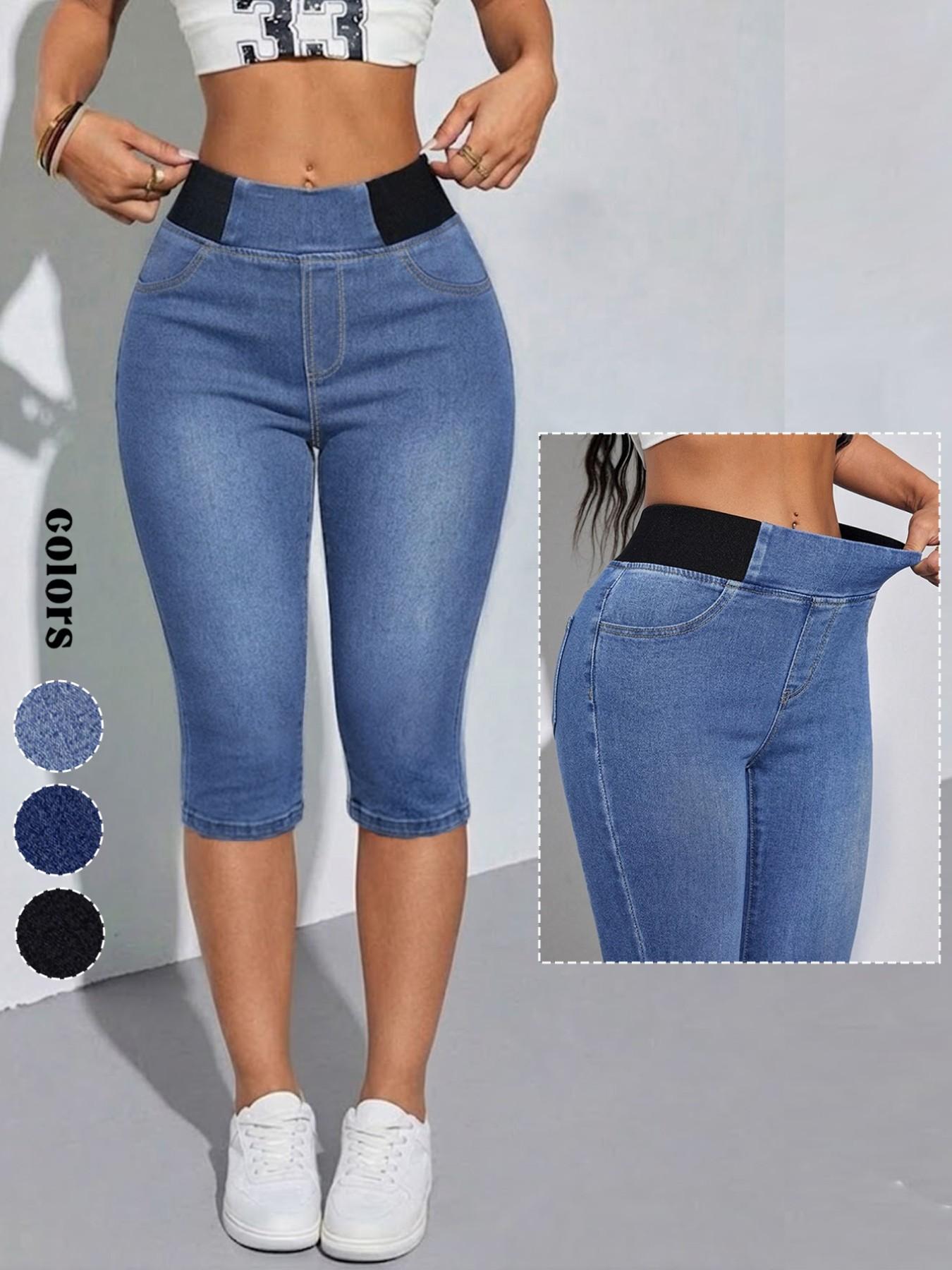 Women's Solid-Color Mid-Rise Stretch Denim Cropped Pants