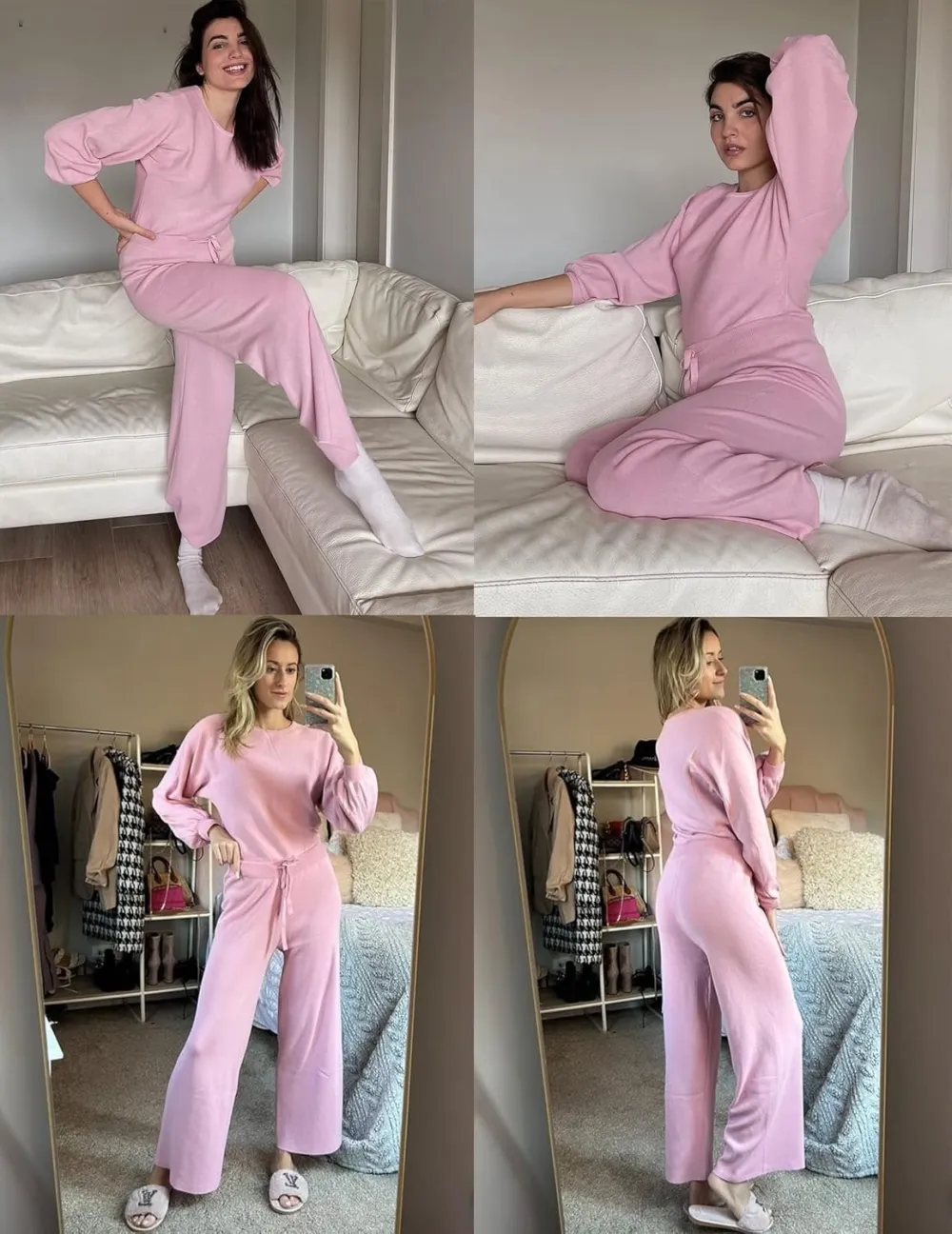 Womens Fall Winter Casual Solid Knitted 2 Piece Sets Long Sleeve Hoodie