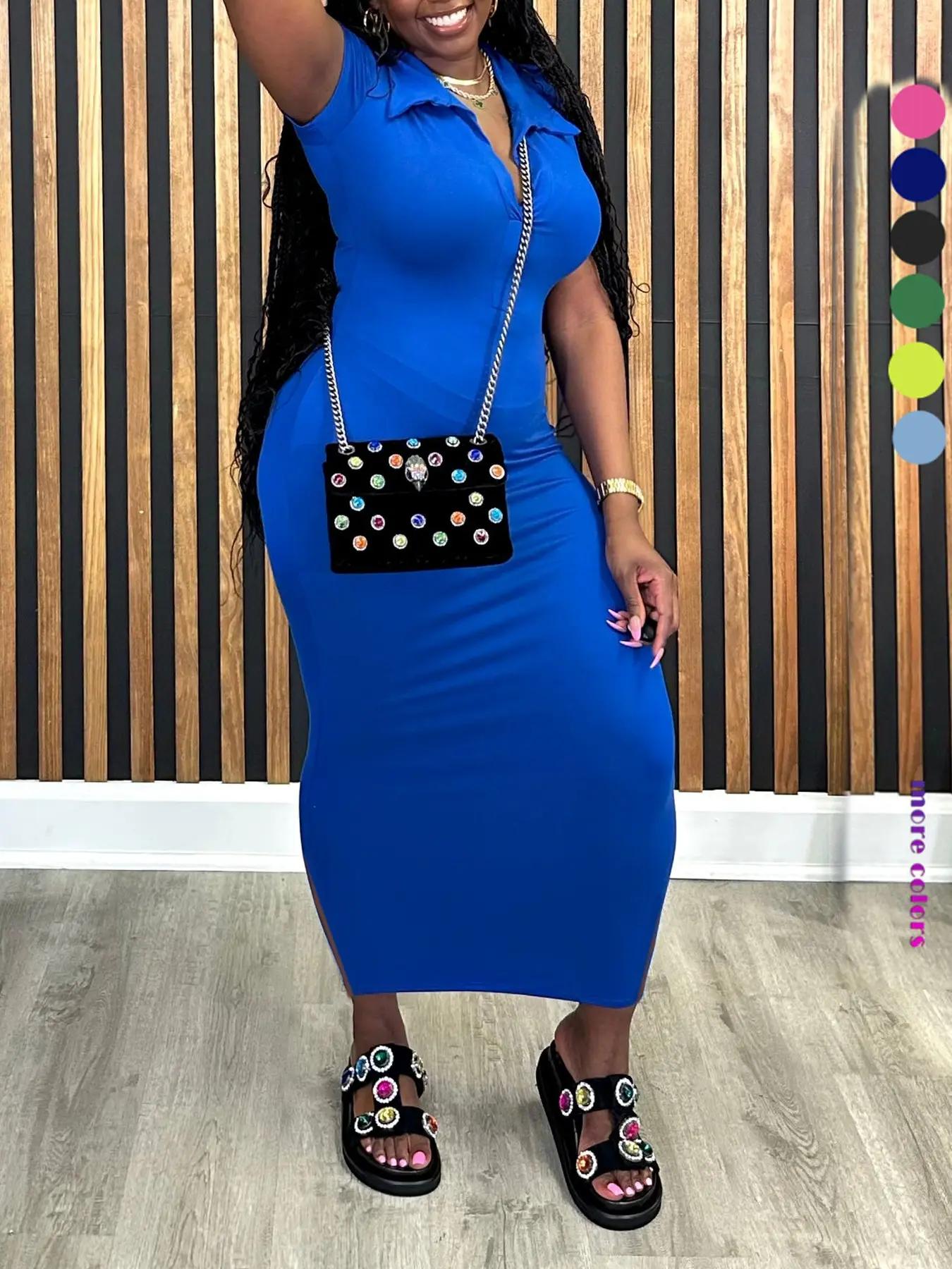 Women's Plain Collar Bodycon Dress, Solid Color Short Sleeve Long Dress, Ladies Clothes for All Seasons