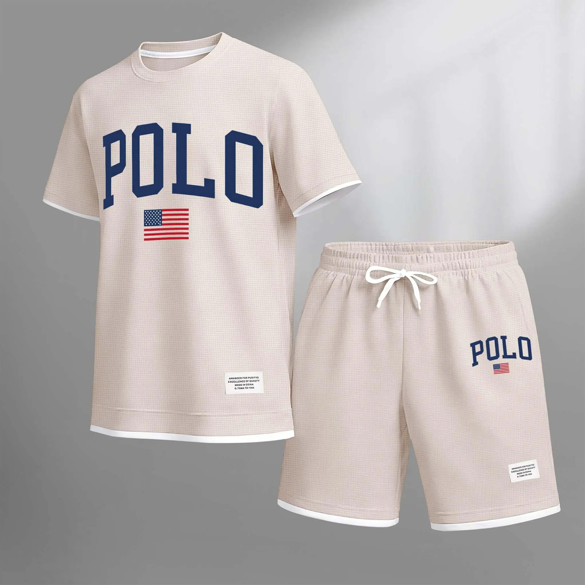 Men's Printed Polo Shirt and Drawstring Shorts Set