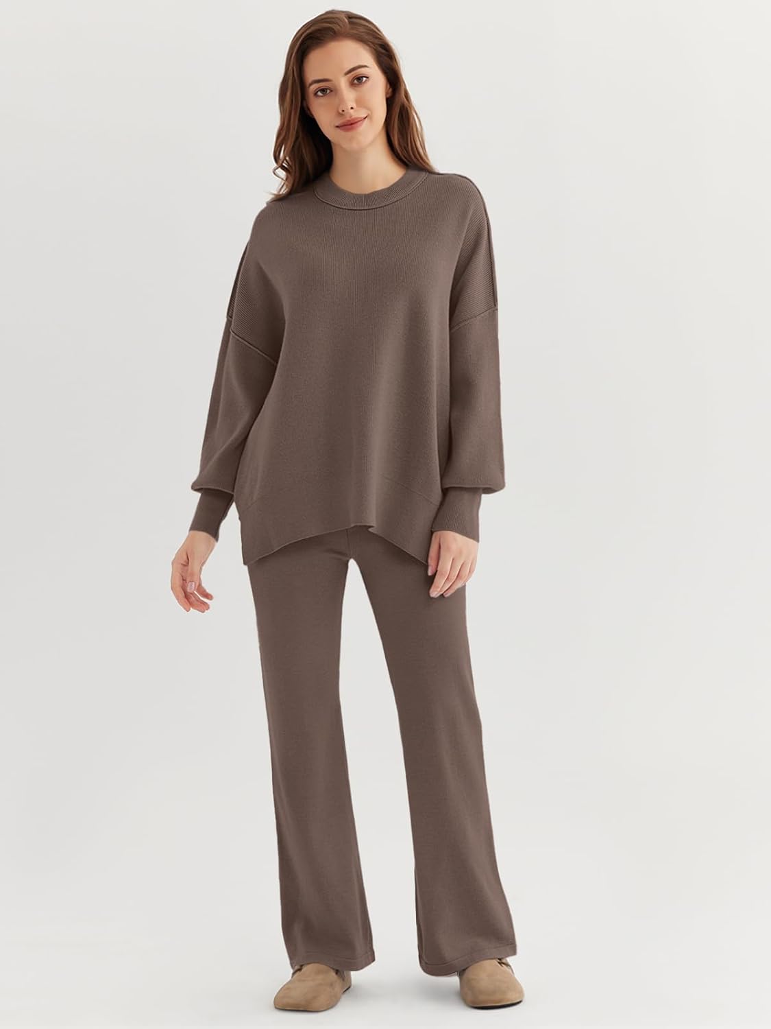 🎄Christmas Clearance 🔥Women 2 Piece Outfits Sweatsuit Sweater Sets Oversized Knit Pullover Tops Wide Leg Pants Lounge Set