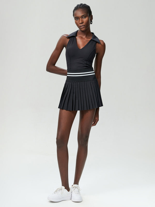 Sports Fitness Tennis Skirt Suit Women's Anti-Light Quick Drying V-Neck Yoga Suit Two-Piece Suit With Chest Pad