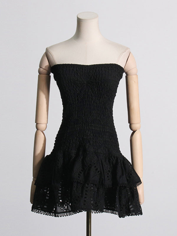 Embroidered Tube Top Dress With Hollow Ruffles And Stitching Design A-Line Skirt