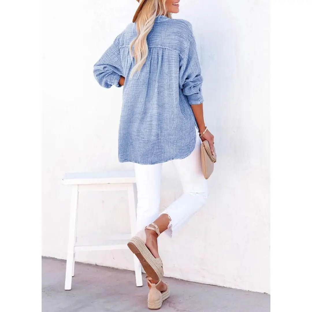 Dokotoo Women's Casual Button V Neck Long Sleeve Shirts Oversized Solid Blouses Tops 100% Cotton Boyfriend Style Loose Fit