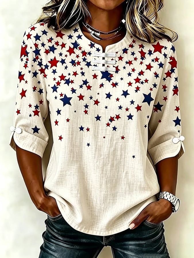 Women's Retro America's 250th Anniversary American Flag Print Button-Up Top