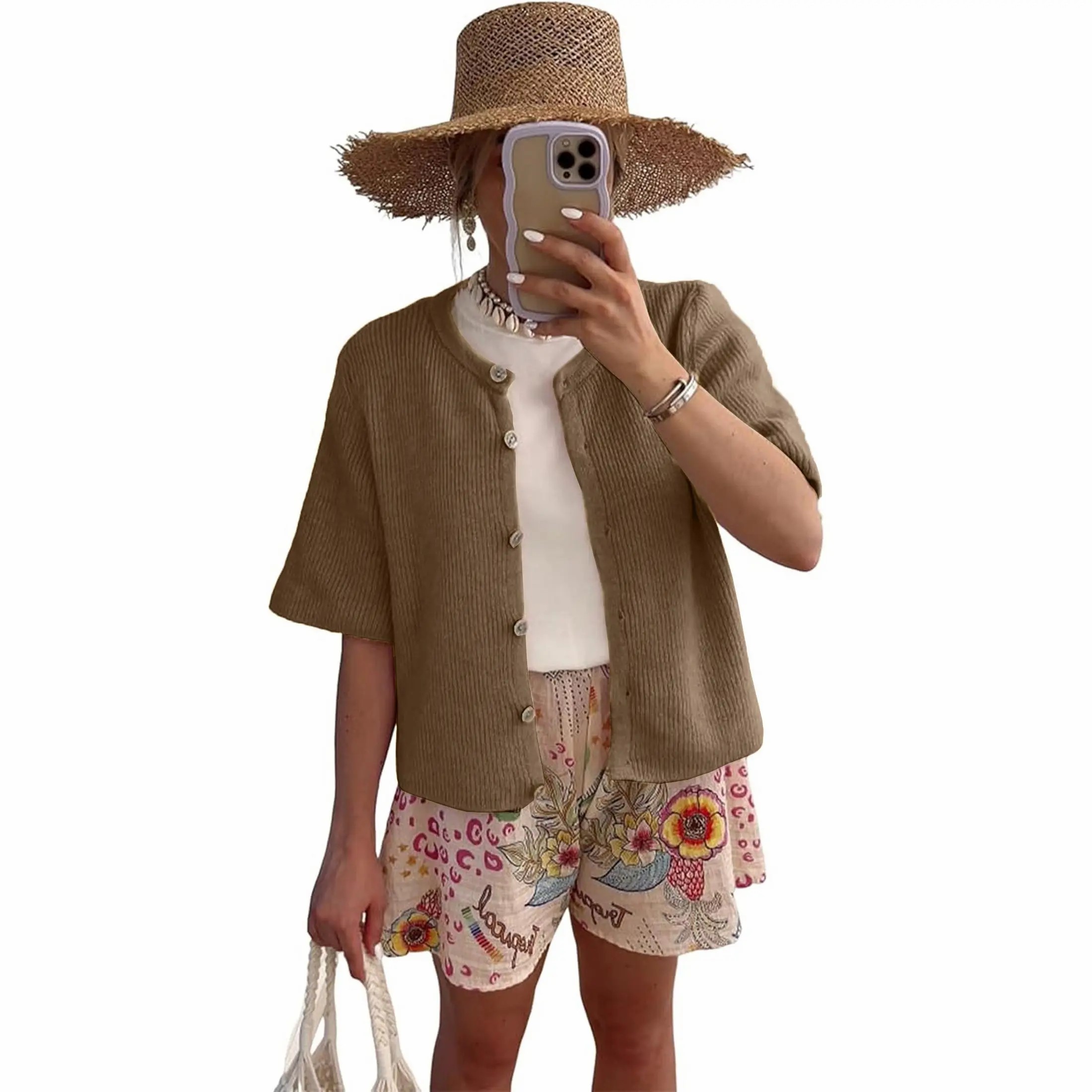Women's Short Sleeve Ribbed Knit Cardigan – Lightweight Button Down Layering Top
