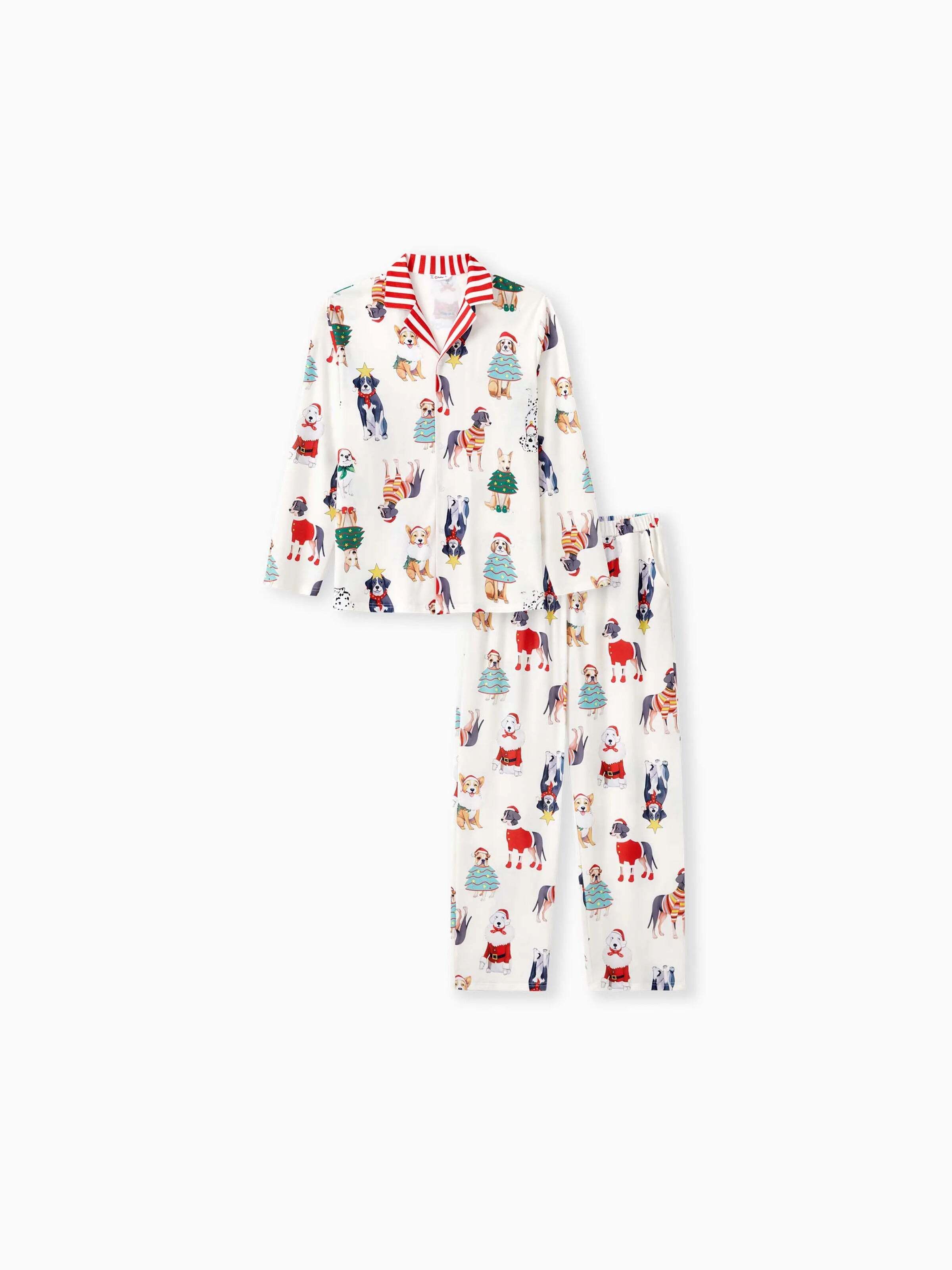 Christmas Pajamas Family Matching Cute Xmas Dog Collared Pajamas Sets with Christmas Socks LightApricot