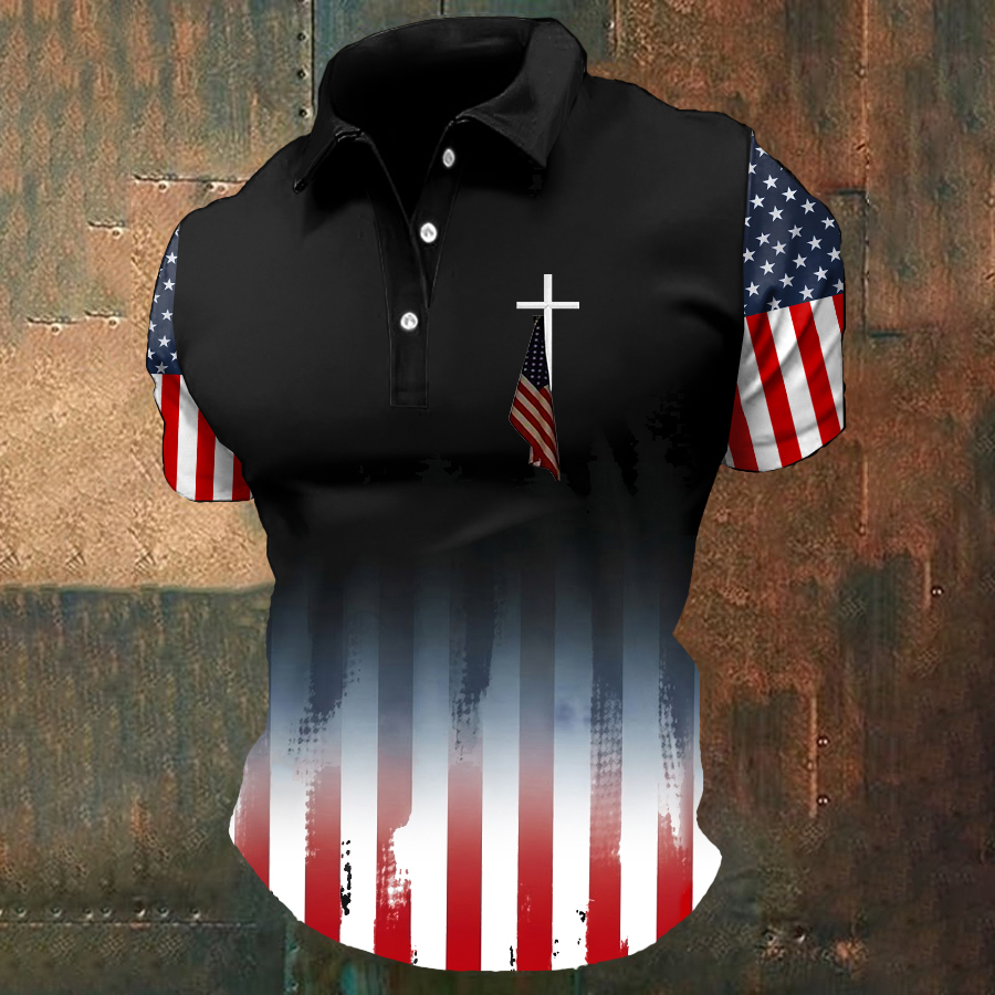 Men'S Flag Cross Printed Polo Shirt