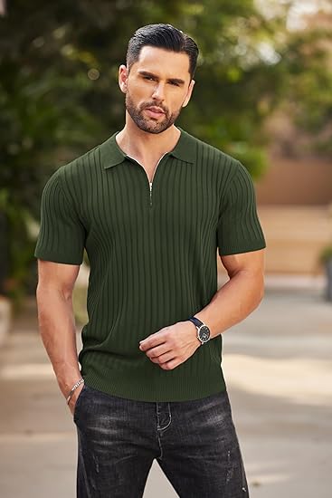 Men's Knit Polo Shirts Short Sleeve Ribbed Knitted Shirt Summer Lightweight Casual Golf Shirts
