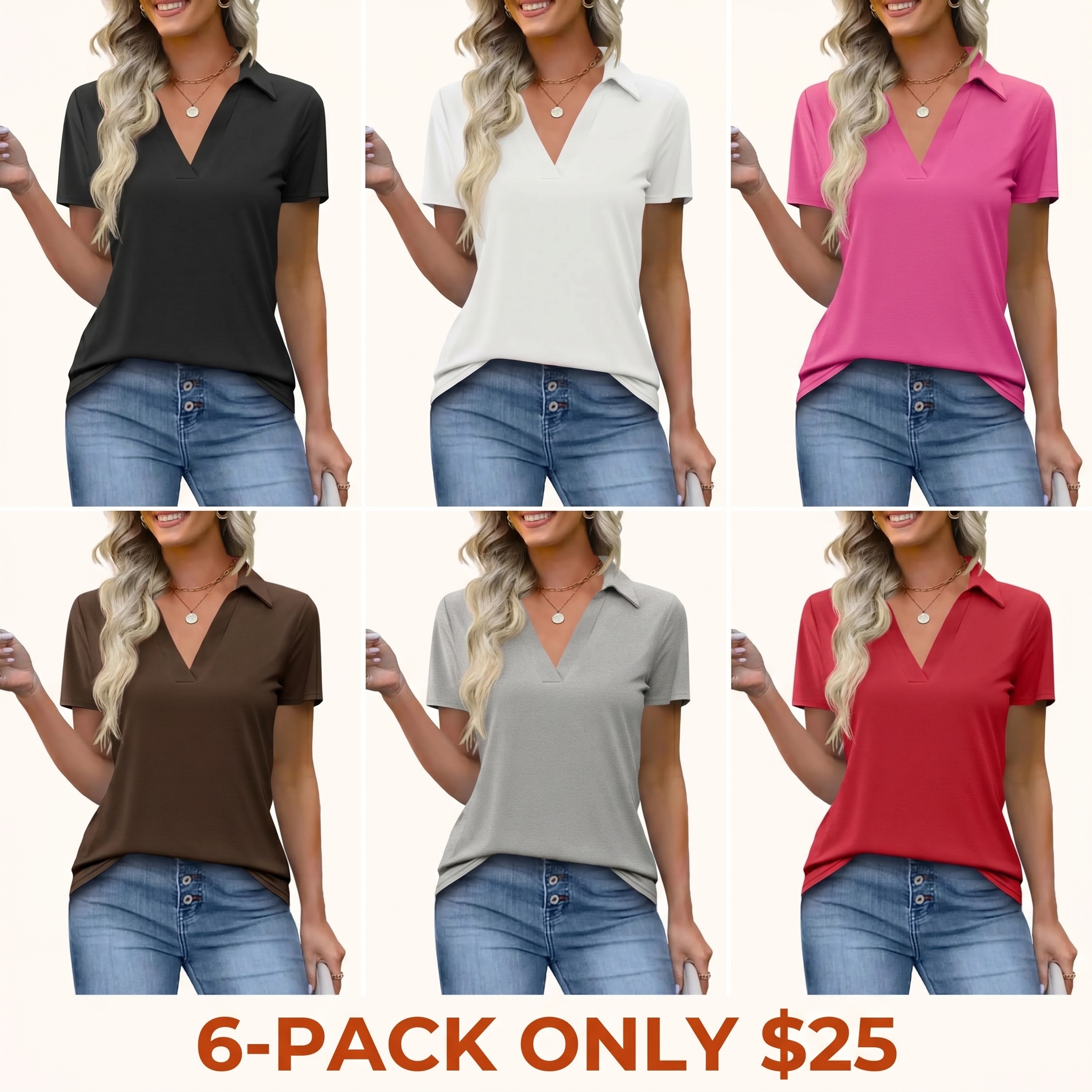 Women's Short-Sleeve Slim-Fit Simple Lightweight Polyester V-Neck Collared Polo Shirt